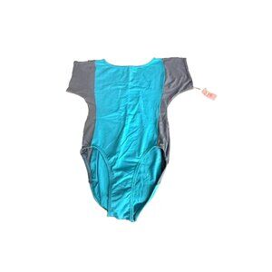 Vtg 80s 90s Colorblock Leotard Bodysuit Cap Sleeve Teal Grey Large Made in USA